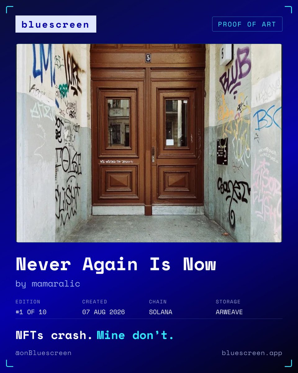 PapaBeardedNFTs's tweet photo. I just collected "Never Again Is Now" by @mamaralic on @onBluescreen ๐ฅ๏ธ๐ฆ
nfts crash. mine don't.
#bluescreen https://t.co/dytFLROLio https://t.co/yWm1YVTsRZ