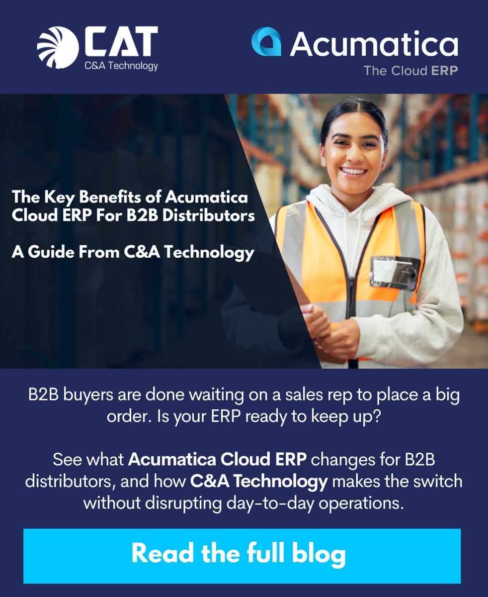 CATechnologyLLC's tweet photo. C&A Technology helps B2B distributors replace disconnected systems with a unified Acumatica Cloud ERP platform for inventory, warehousing, purchasing, finance, Digital Commerce, and EDI.
Read the blog: https://t.co/v88J7MVs5n
#Acumatica #CloudERP #B2BDistribution #EDI https://t.co/B9B0X0kvt1