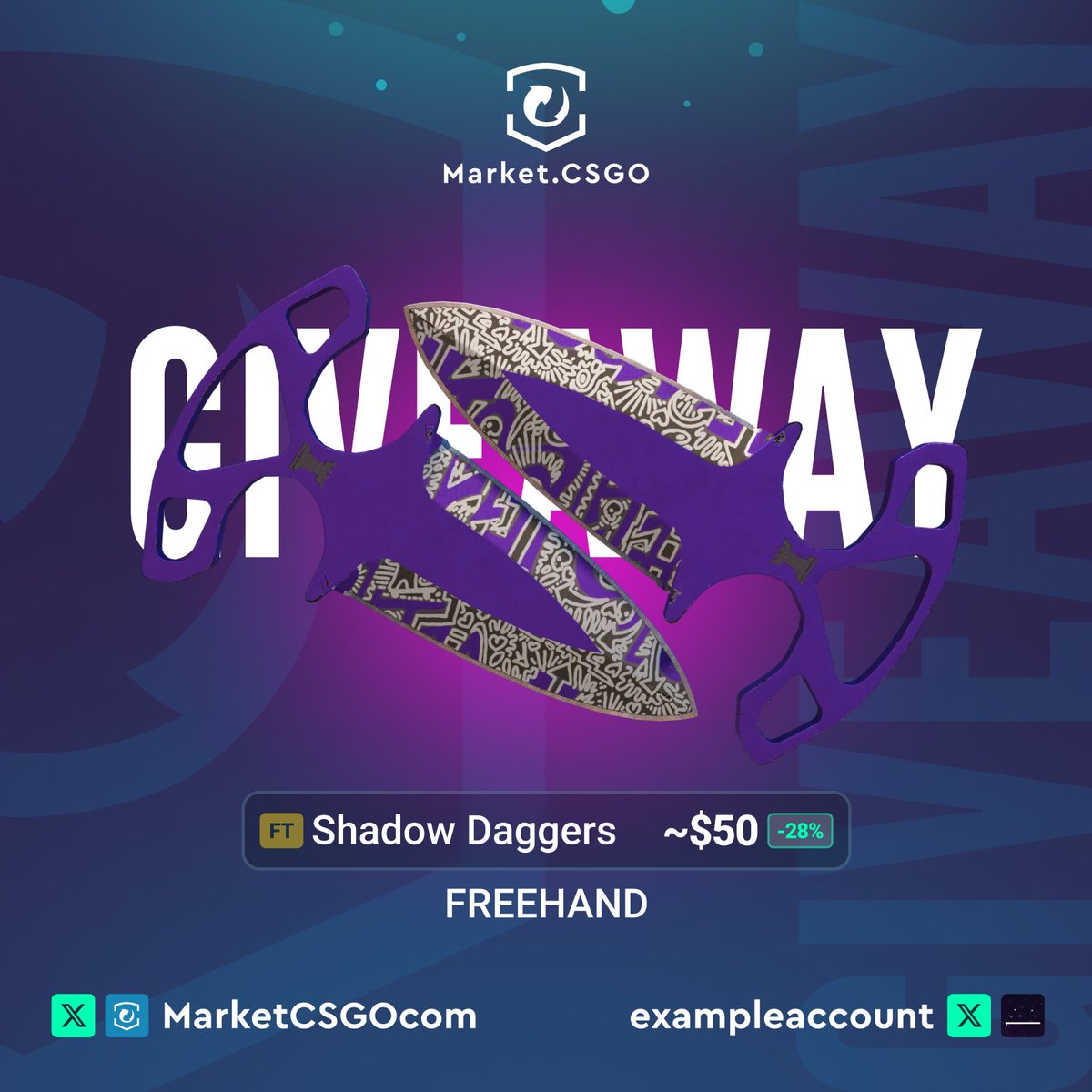 exampleaccount's tweet photo. 🎁 GIVEAWAY Shadow Daggers | Freehand FT ($50)
How to enter:
1️⃣ Follow @MarketCSGO + SPLIT
2️⃣ Like + RT this post
3️⃣ Tag at least one of your teammates in the comment section

💥 Winner will be announced on August 15th.
⏰ Don't miss your shot at this epic skin! Good luck!