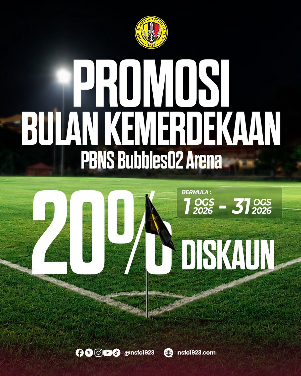 nsfc1923devt's tweet photo. PROMOSI BULAN KEMERDEKAAN: DISKAUN 20% TEMPAHAN PADANG! 🇲🇾

Nikmati potongan istimewa sebanyak 20% untuk setiap tempahan di PBNS BubblesO2 Arena .

🗓️ Tarikh Promosi: 1 Ogos 2026 - 31 Ogos 2026 https://t.co/9QvZr4WXmV