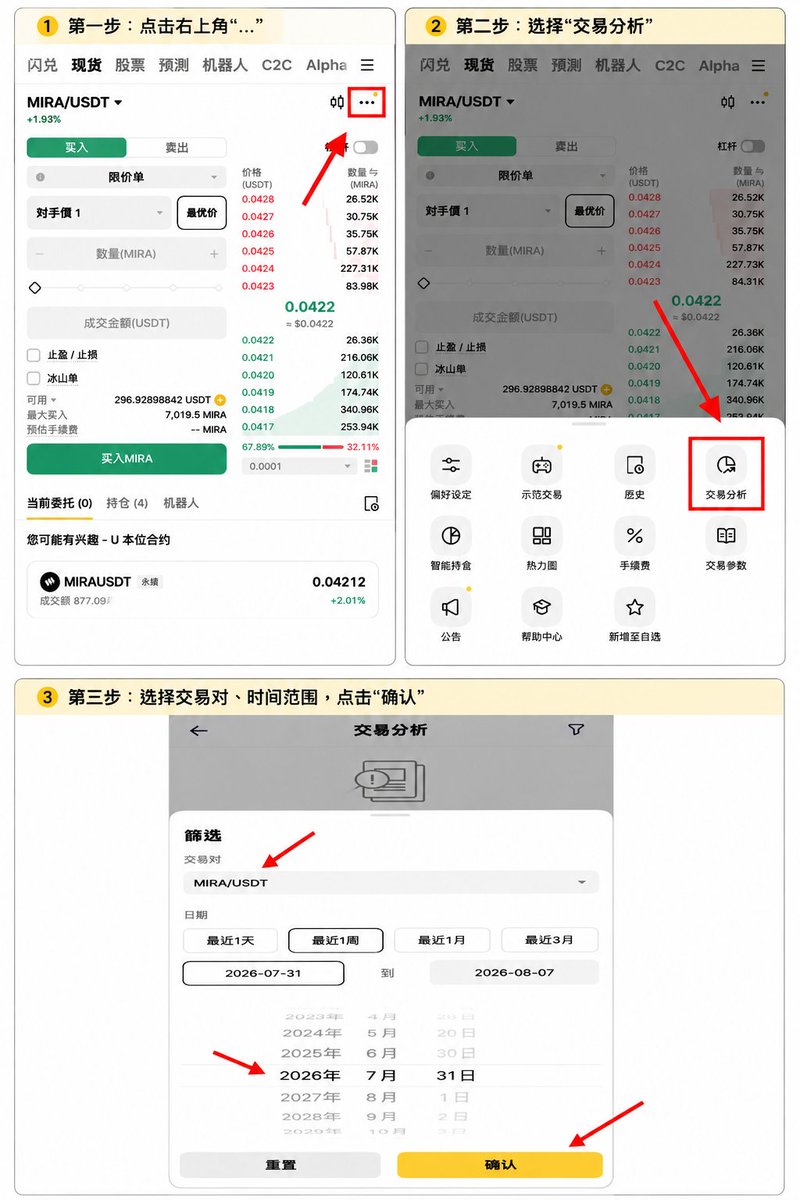 lugeweb3's tweet photo. 小技巧，币安现货交易赛如何快速查看自己的交易量

（看到还是有些用户不知道怎么看，知道的请忽略，不知道的可以来看一下）

具体图文步骤：

币安APP-交易页面-打开右上角“...”-交易分析-选择交易对-选择时间