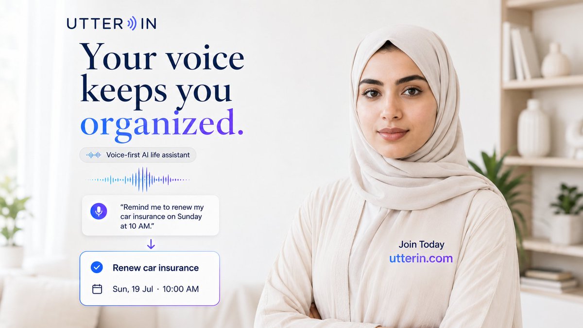 tryutterin's tweet photo. Say it once. Keep it organized.

With UTTER IN, a natural voice reminder can become a clear task with the right date and time.

“Remind me to renew my car insurance on Sunday at 10 AM.”

Less typing. Less mental load. More clarity.

https://t.co/Y8oj6XwcB6

#VoiceAI #AIassistant https://t.co/NLStyoYzwj