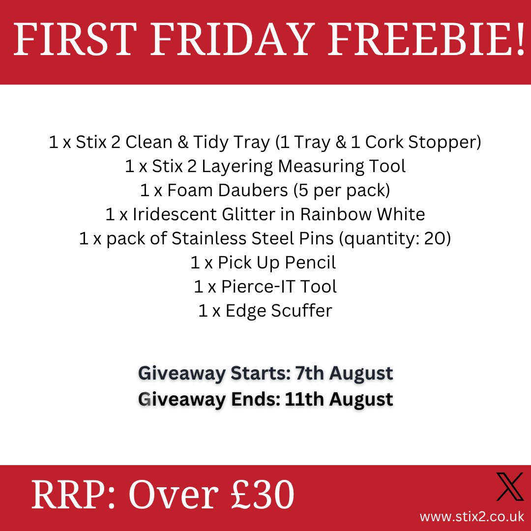 stix_2's tweet photo. First Friday Freebie Giveaway is now LIVE! 🎉

Fancy winning this Stix2 #craftbundle worth over £30?! 🤩

How to enter: Like and retweet our post for a chance to win.

The winner will be announced on Tuesday 11th August 🗓️ 🗓️

#Giveaway #Competition #Crafts #Prize https://t.co/NOFNqmxLbS