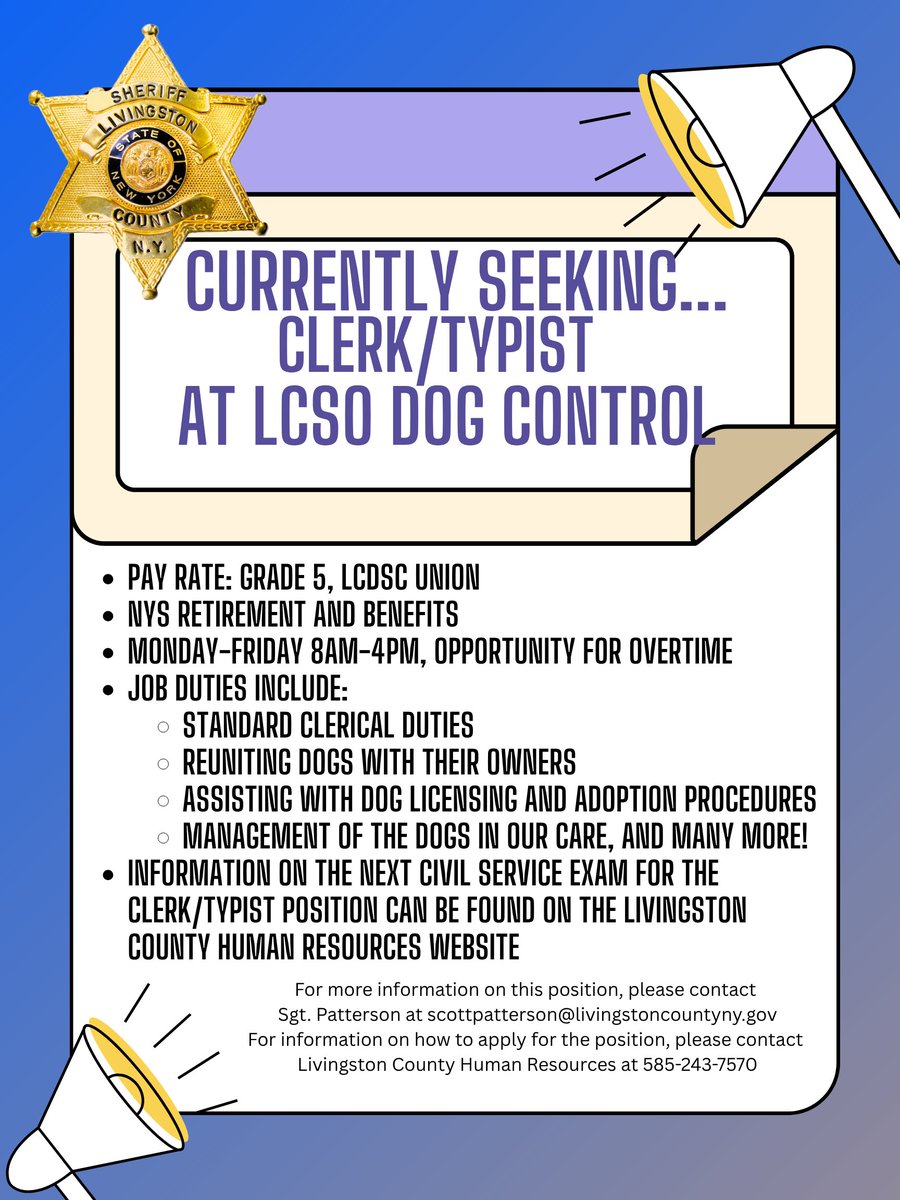 LivCoSheriffs's tweet photo. 📣 JOB OPPORTUNITY AT THE LIVINGSTON COUNTY SHERIFF'S OFFICE DOG CONTROL📣

We are seeking an individual to fill the clerk/typist position at the Livingston County Sheriff's Office Dog Control! https://t.co/dz3wUAtyRj