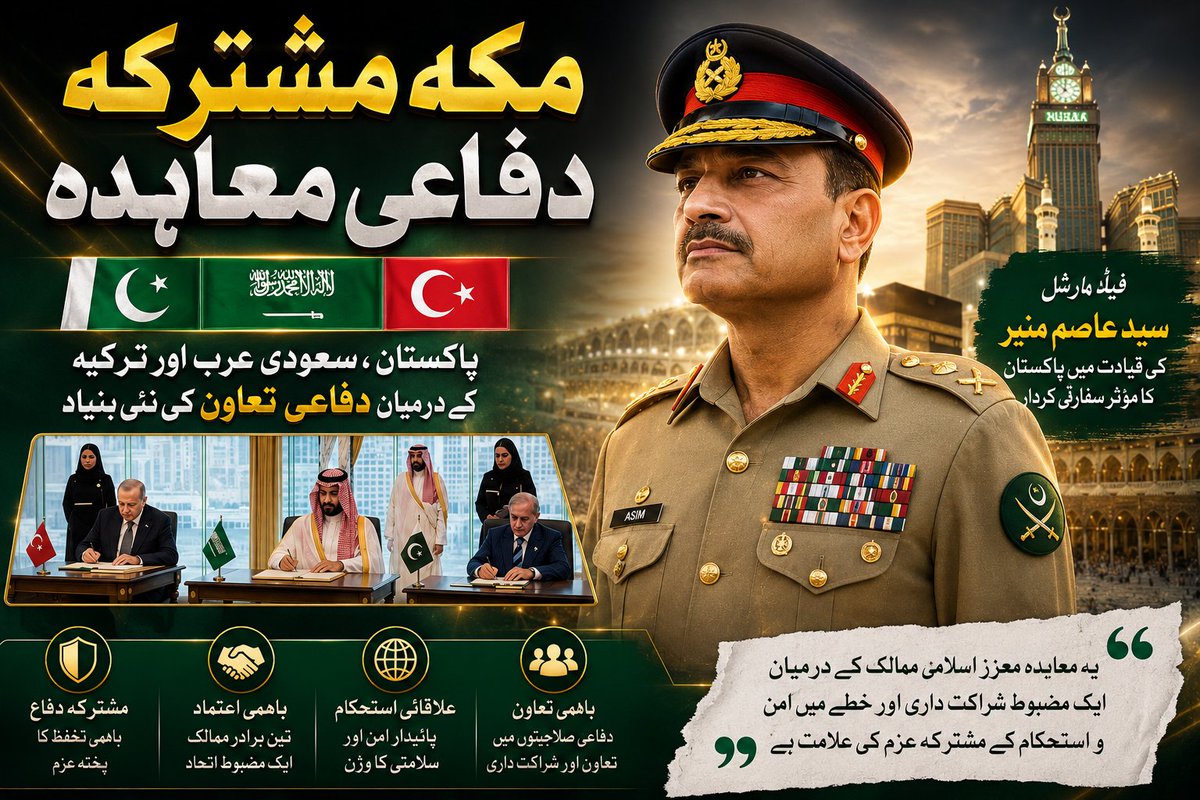 Janbaaz_1's tweet photo. مکہ مشترکہ دفاعی معاہدہ میں پاکستان کے مؤثر سفارتی کردار اور فیلڈ مارشل سید عاصم منیر کی قیادت کو نمایاں کیا گیا ہے، جو مشترکہ دفاع، علاقائی استحکام اور اسلامی ممالک کے درمیان مضبوط شراکت داری کے عزم کی عکاسی کرتا ہے۔
#فیلڈ_مارشل_امن_کا_پاسبان https://t.co/BIIvtKundt