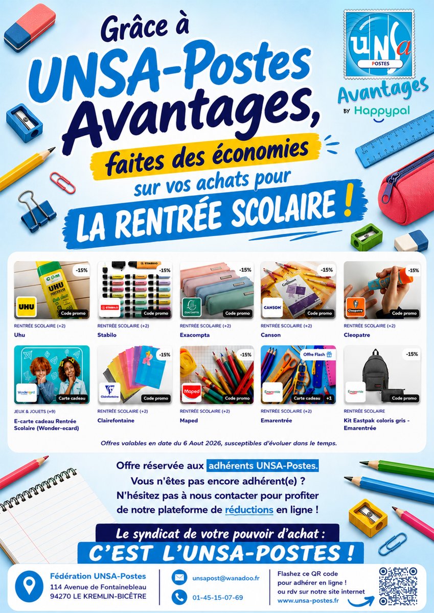 unsapostes_off's tweet photo. GRÂCE À UNSA-POSTES AVANTAGES 🩵, FAITES DES ÉCONOMIES SUR VOS ACHATS POUR LA RENTRÉE SCOLAIRE ✏️✂️📐 https://t.co/3Q2LEMkD1r
