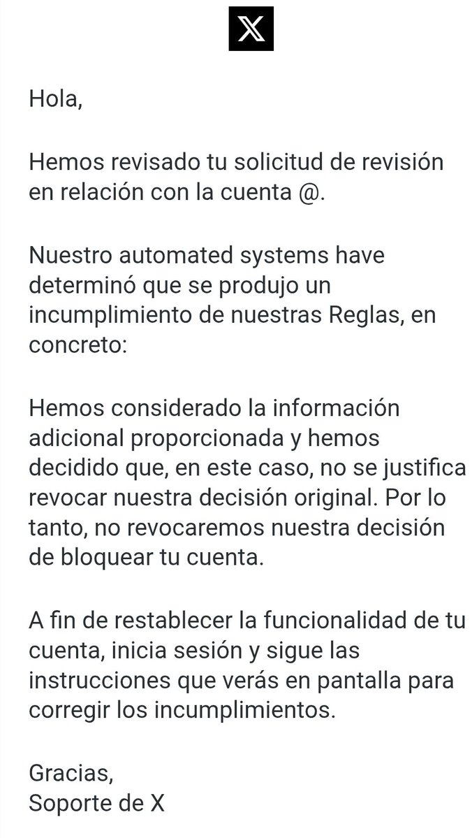 GG_Aguado's tweet photo. @Support la cuenta @Marce79386451 está suspendida hace días. Ya recibió 2 respuestas de apelación idénticas y genéricas que no especifican qué regla se violó. Pide revisión humana real, no automática. ¿Pueden ayudar? 🙏 https://t.co/GywcWtpdoa