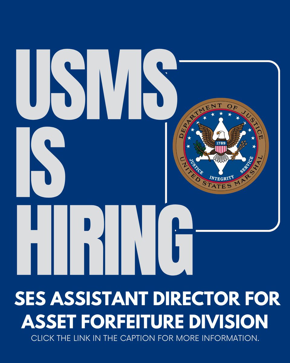 USMarshalsHQ's tweet photo. Ready to serve as a Senior Executive Service Member overseeing the U.S. Marshals Asset Forfeiture Program? Apply today! https://t.co/TRS6sb9M7h https://t.co/GwTJCLc4of