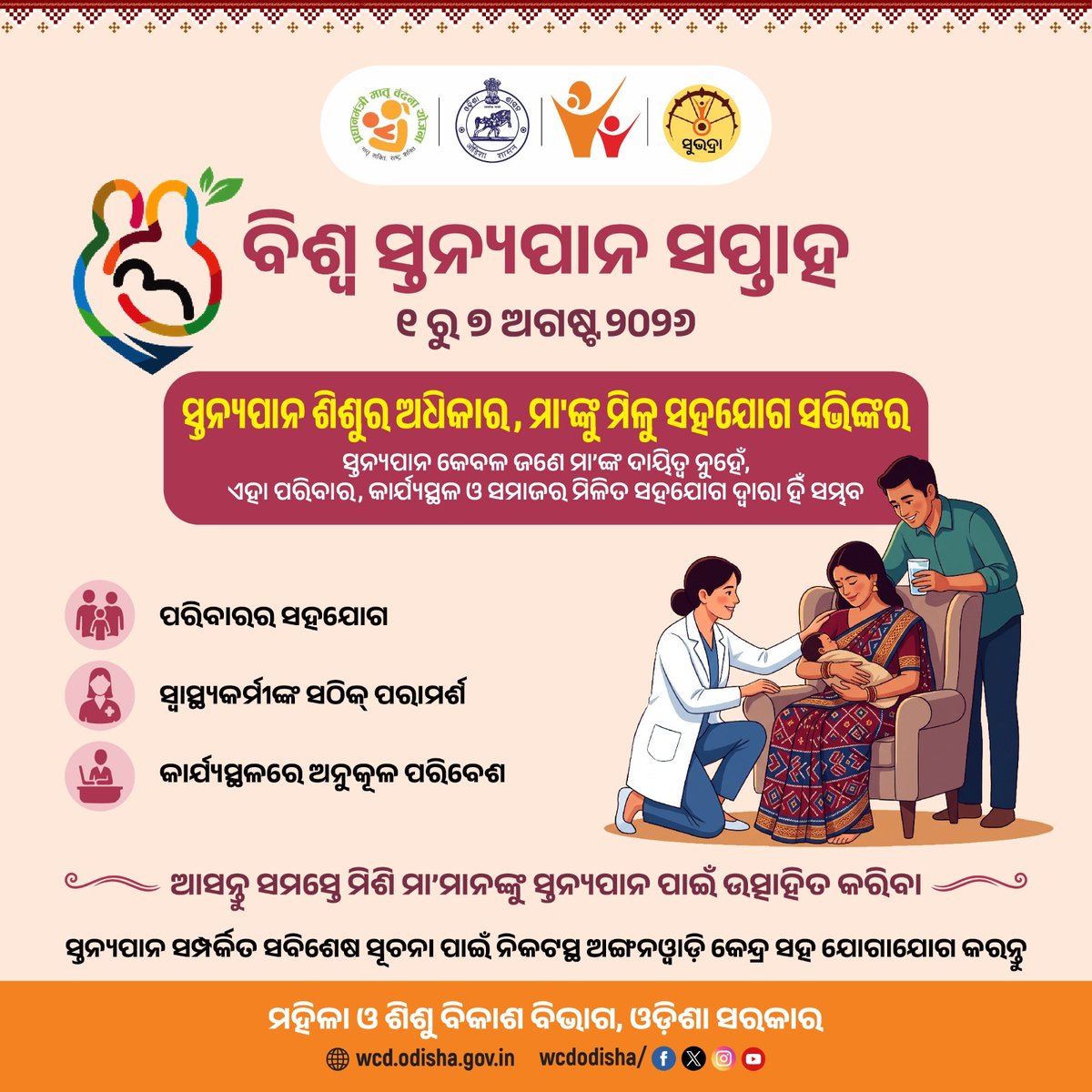 WCDOdisha's tweet photo. ମା’ଙ୍କୁ ସ୍ତନ୍ୟପାନ ପାଇଁ ପରିବାରର ସହଯୋଗ, ସ୍ୱାସ୍ଥ୍ୟକର୍ମୀଙ୍କ ସଠିକ୍ ପରାମର୍ଶ ଓ କାର୍ଯ୍ୟସ୍ଥଳରେ ଅନୁକୂଳ ପରିବେଶ ମିଳିବା ଅତ୍ୟନ୍ତ ଆବଶ୍ୟକ। ମା’ଙ୍କୁ ସମର୍ଥନ କରିବା ଅର୍ଥ ଶିଶୁର ସୁସ୍ଥ ବିକାଶ ପାଇଁ ଏକ ଦୃଢ ପଦକ୍ଷେପ ନେବା।

#BreastfeedingAwareness #POSHANAbhiyaan #MothersMilk #EarlyNutrition #HealthyMotherHealthyChild #NewbornCare #MaternalHealth #HealthyBeginning #WCDOdisha