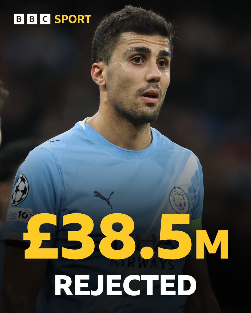 BBCSport's tweet photo. Manchester City have REJECTED an opening offer of £38.5m from Barcelona for Rodri ❌

City are open to selling the midfielder, but would demand more than £60m. https://t.co/Vc9w8fDybS