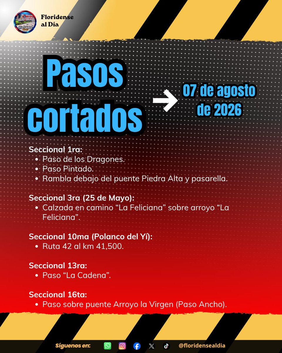 floridensealdia's tweet photo. ⚠️ Atención con los pasos cortados en el departamento de Florida para este viernes 07 de agosto.
Los mismos fueron decretados por el Comité Departamental de Emergencias.
#comunicados #floridensealdía #floridauruguay https://t.co/GNN7zKx8Qm