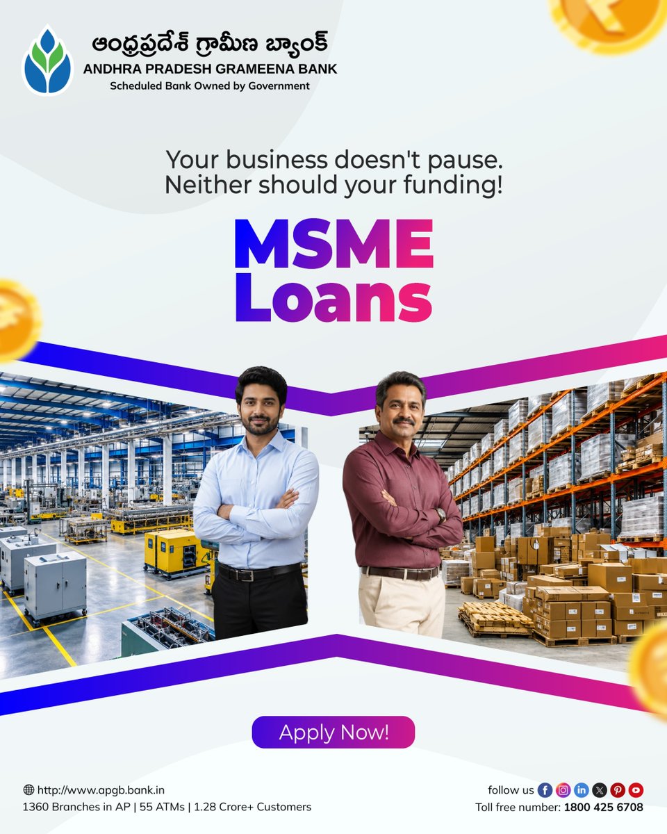 apgbankofficial's tweet photo. Every milestone begins with the right financial partner.
With APGB MSME Loans, access the funds you need to strengthen your business, unlock new opportunities, and accelerate growth.

APGB MSME Loan

#APGB #MSMELoan #BusinessSuccess #FinancialSolutions #MSME #BusinessGrowth https://t.co/1pxF6OLGS0