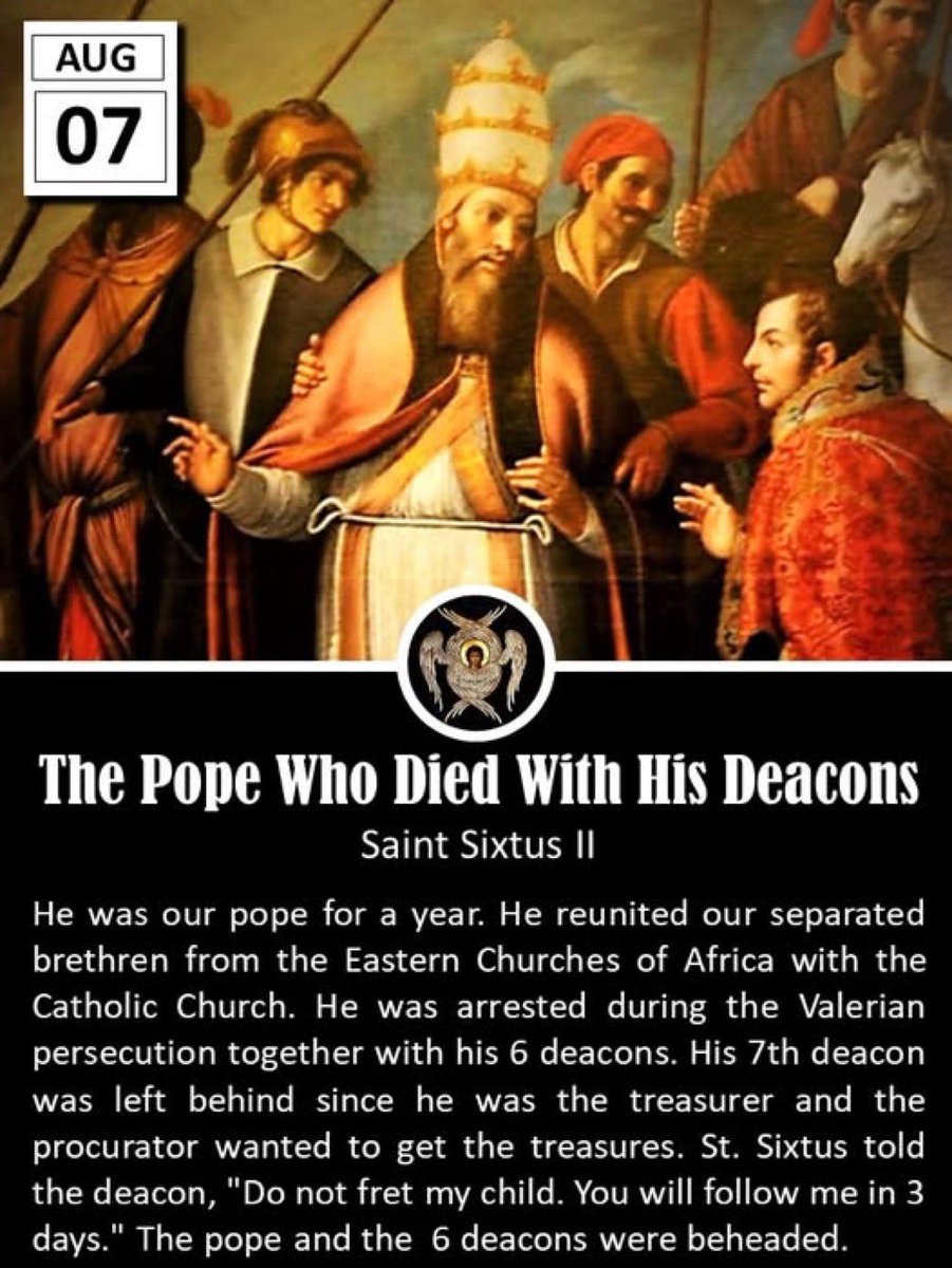 father_rmv's tweet photo. Saint Sixtus II, also known as Pope Sixtus II, was a significant figure in early Christianity, serving as the Bishop of Rome from 257 to 258 A.D. His brief papacy, lasting just under a year, was marked by his steadfast leadership during a period of intense persecution of Christians under the Roman Emperor Valerian. Sixtus II is remembered as a martyr who exemplified courage, faith, and devotion to his flock, ultimately sacrificing his life for his beliefs.  

Little is known about Sixtus II’s early life, including his birthplace or family background. Historical records focus primarily on his role as pope during a tumultuous era for the Christian Church. Elected on August 30, 257 A.D., Sixtus II inherited a church facing internal divisions and external threats. One of his key contributions was working to heal the schism between the Roman Church and the churches of North Africa and Asia Minor, particularly over the issue of rebaptizing heretics. Sixtus II advocated for unity, aligning with the more lenient view that heretics did not need rebaptism if they returned to the Church, a stance that helped mend relations with other Christian communities.  

The defining moment of Sixtus II’s papacy came during the Valerian persecution, a brutal campaign to suppress Christianity. In 258 A.D., Emperor Valerian issued an edict ordering Christians to perform pagan sacrifices and banning their gatherings, particularly in cemeteries or catacombs. Despite the danger, Sixtus II continued to minister to his community, holding secret services in the Catacombs of Callistus. On August 6, 258 A.D., while celebrating the Eucharist, Sixtus II was arrested by Roman soldiers along with several deacons, including Saint Lawrence. According to tradition, he was beheaded on the spot, demonstrating his unwavering commitment to his faith.  

Sixtus II’s martyrdom solidified his legacy as a symbol of Christian resilience. His death, alongside that of Saint Lawrence, who was executed days later, became a powerful testament to the sacrifices made by early Christians. The Church quickly venerated Sixtus II as a saint, and his feast day is celebrated on August 7 (or August 6 in some traditions), often alongside Saint Lawrence. His name is also included in the Roman Canon of the Mass, reflecting his enduring significance.