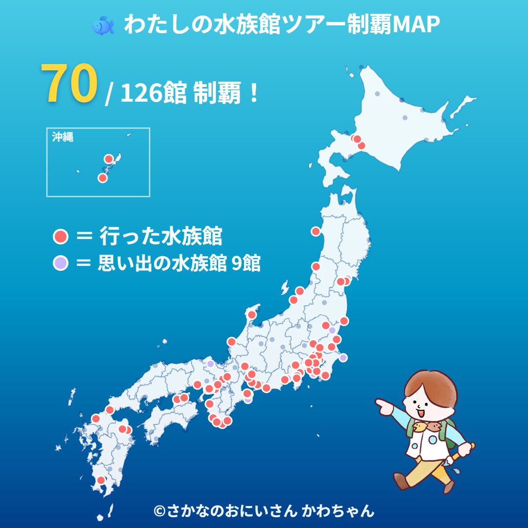 kelp_animarium's tweet photo. 126館中70館制覇してました！
まだまだ未開拓の地はたくさんあります。
#全国水族館ツアーMAP https://t.co/x02hImGRhI