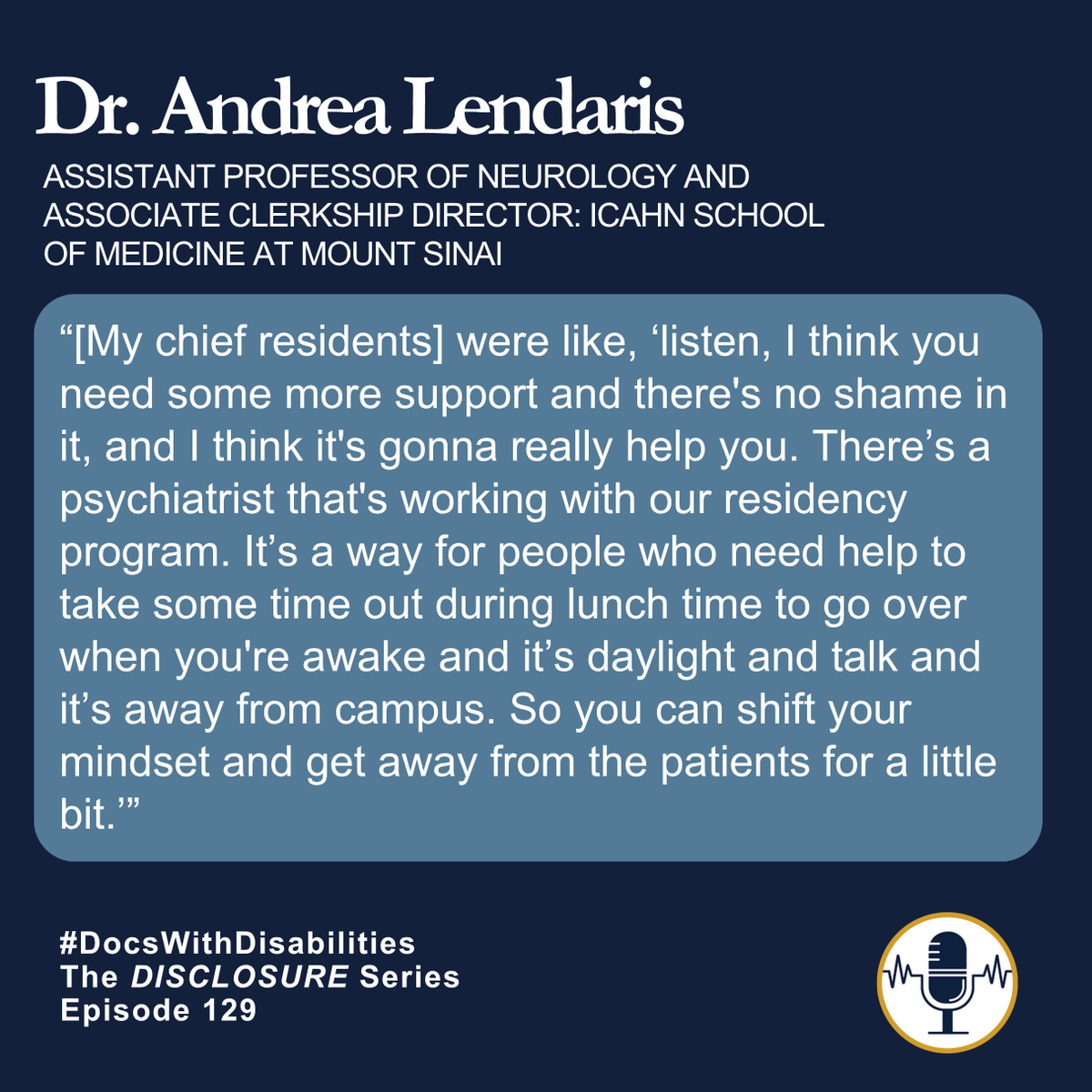 DocsWith's tweet photo. 💙 In Episode 129 of the @DocsWith  #DisclosureSeries, Dr. Andrea Lendaris shares how chief residents recognized she needed support, reminded her there was "no shame in it," and helped connect her with the resources she needed.

🎧 https://t.co/uJt8ZkpbWQ https://t.co/yHAuijflfO