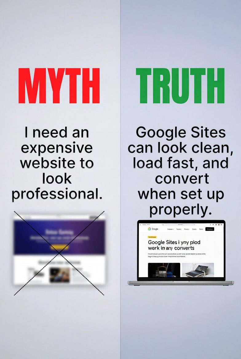 VisioEaseDigita's tweet photo. Myth: “I need an expensive website to look professional.” 

Truth: Google Sites can look clean, load fast, and convert when set up properly. https://t.co/MjesQsP73N