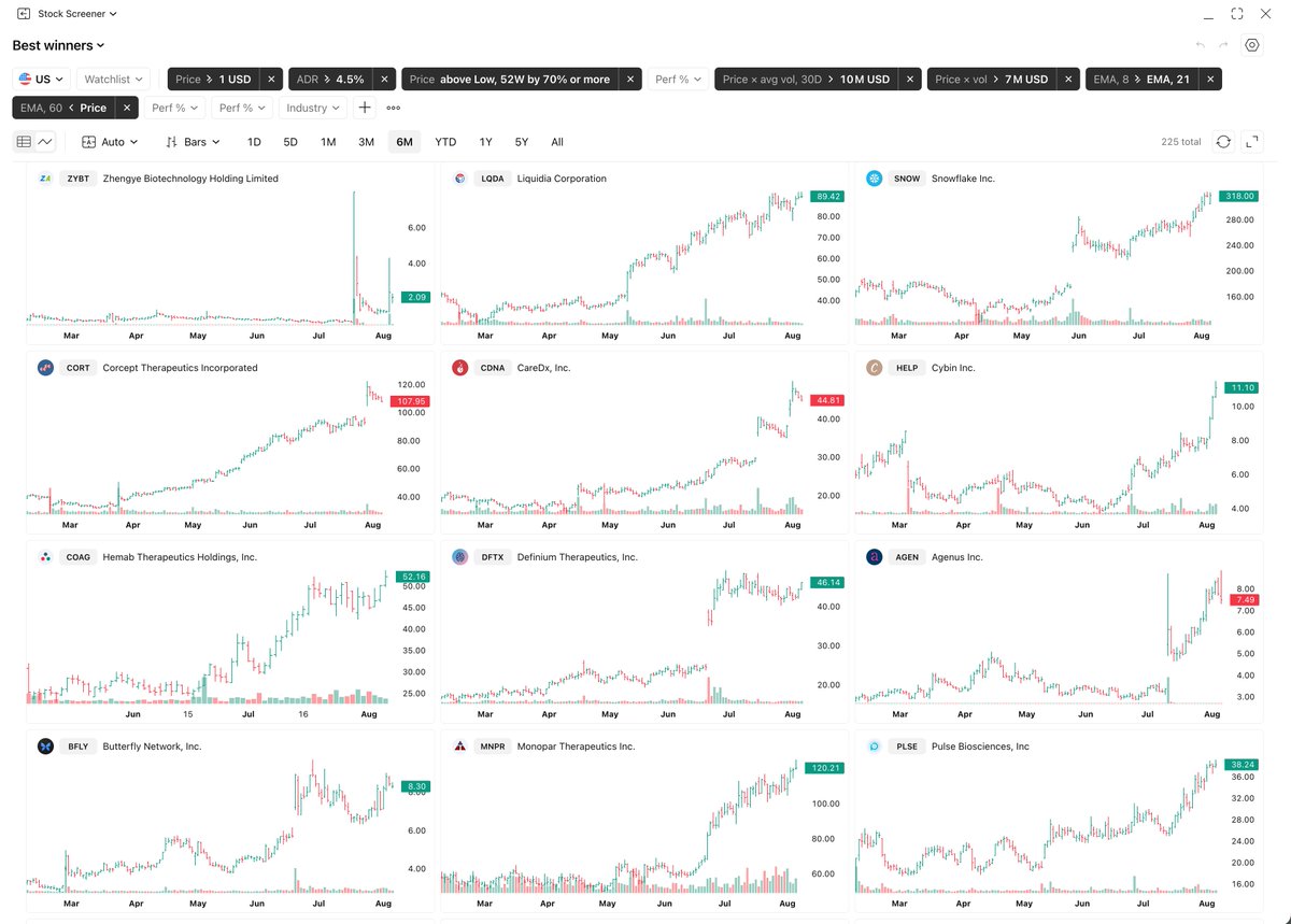 BlogJulianKomar's tweet photo. This is the exact screener I use every day to find the strongest stocks in the market 🚀

Almost every major market leader I’ve traded first appeared here: $SNDK, $DELL, $MU …

My "Best Winners" Screener searches for the stocks that have gained the most. Within a few minutes, I can review around 250 charts and find the small number that deserve deeper research.

But a screener only gives you candidates—not buy signals.

I still look for:
• A constructive chart pattern
• Sales growth of at least 20% YoY or EPS growth of at least 50% YoY
• Strong price and volume action
• A compelling company story
• A hot theme such as AI, data centers, or memory
• A low-risk entry with a clear stop

This is where the real work begins.

I study what separates the stock from hundreds of others, add the best names to my watchlist, and wait patiently for a setup.

I built this screener with @TradingView, and it has become an essential part of my systematic stock-selection process.

You do not need ten different screeners producing ten different lists.

You need one good screener, clear selection criteria, and the discipline to repeat the same process every day.

Consistency starts with using a consistent process.

I’m sharing my Best Winner Screener for free:

🔗 https://t.co/FfuBt33xQb

Bookmark this post for your next screening session—and repost it so other swing and position traders can use it too.