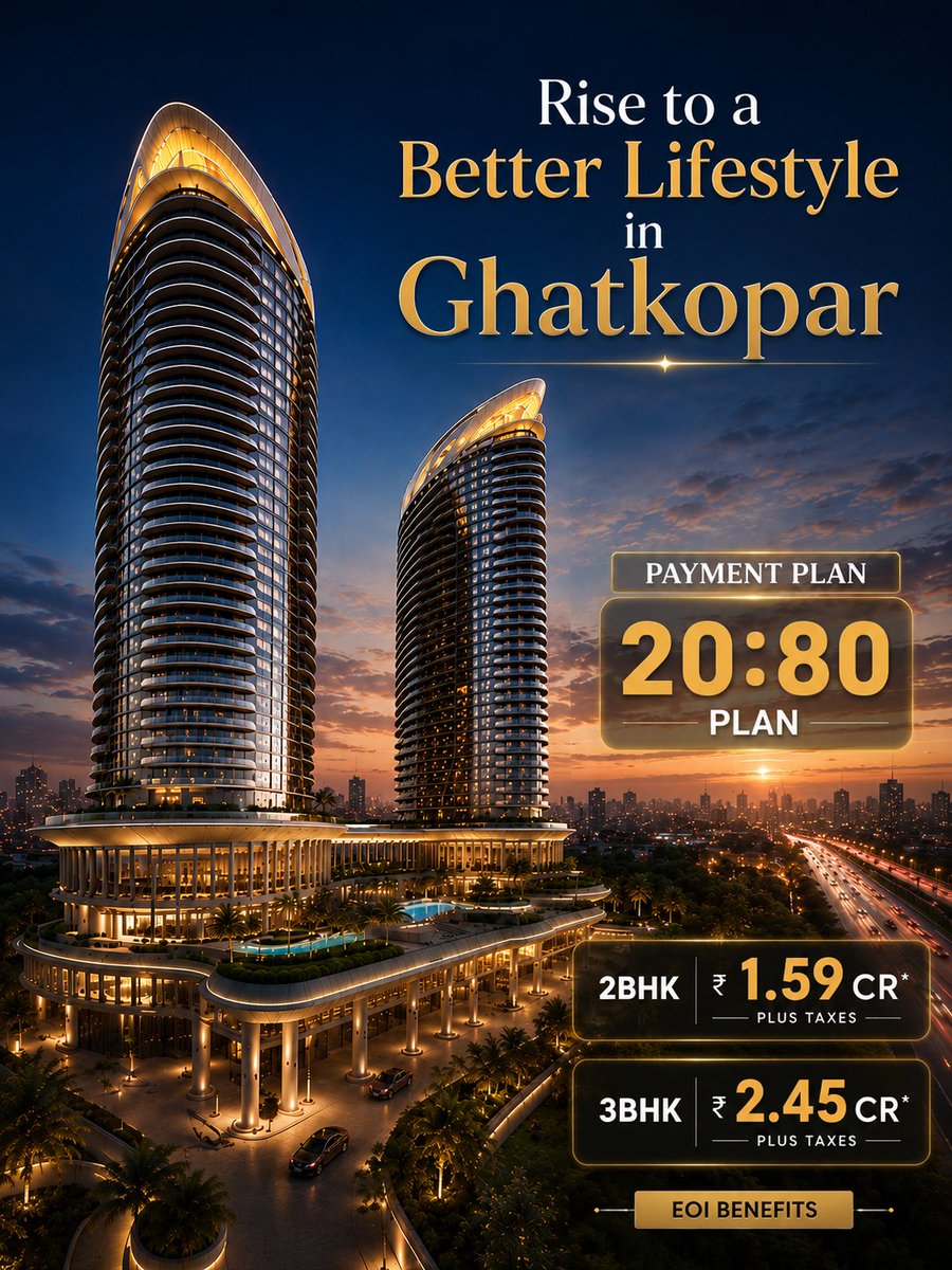 PropEarth_LLP's tweet photo. 💎 Own Luxury in Ghatkopar | 2 &amp; 3 BHK from ₹1.59 Cr 

2  &amp;  3 BHK starting from ₹1.59 Cr!  Experience luxury living in Ghatkopar with the exclusive 20:80 payment plan.

DM 'Home' to know more about the project!!
.
#Ghatkopar #MumbaiRealEstate #LuxuryHomes #Realtor #RealEstate https://t.co/IvQfmWtWS5