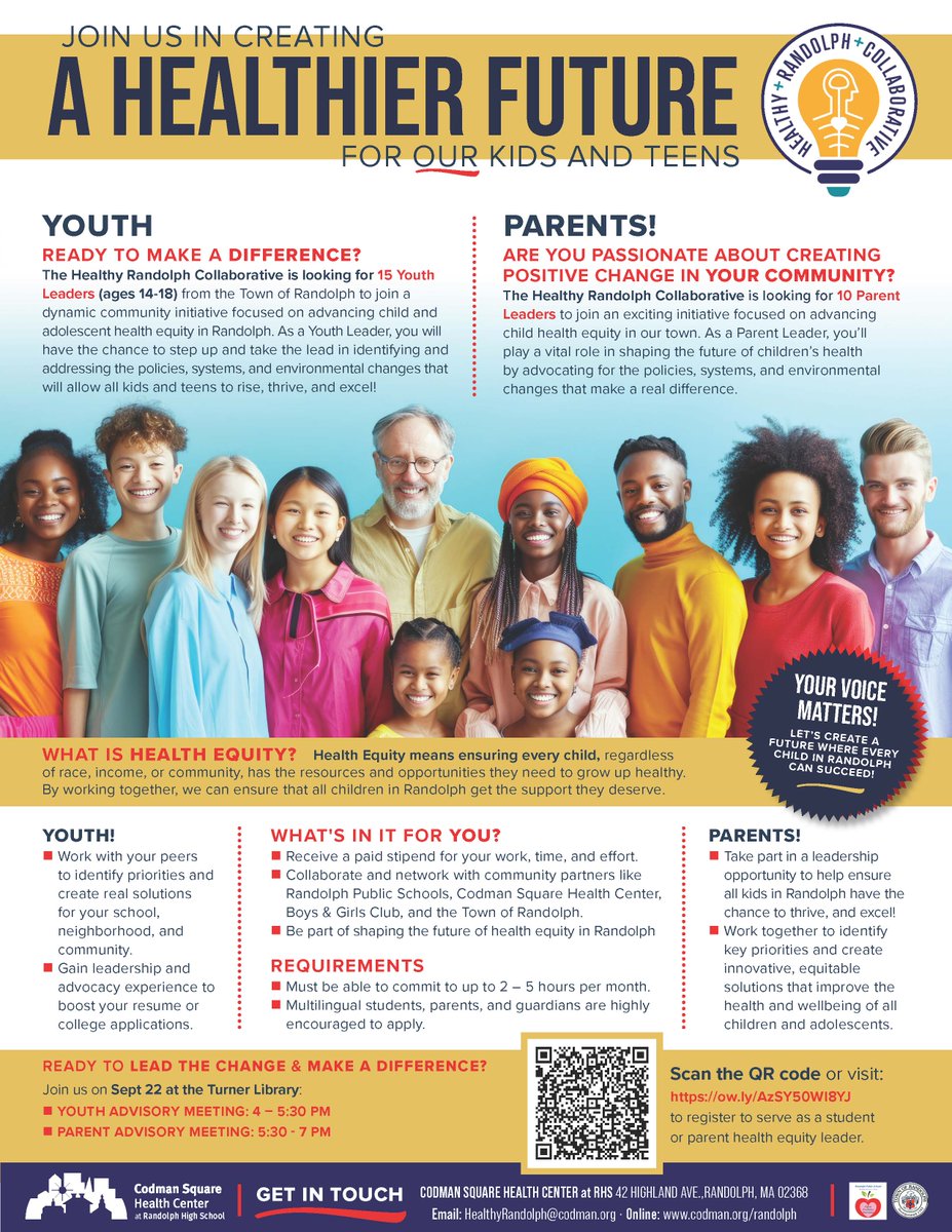 CodmanHealth's tweet photo. Do you live in #Randolph? Are you ready to make a difference in your community? Codman wants to hear from you -- join the Healthy Randolph Collaborative. Teens: Be a leader &amp; champion health equity! Parents: Advocate for systemic change for your family! https://t.co/EjbCGv4I6B https://t.co/jBx6THv4nj