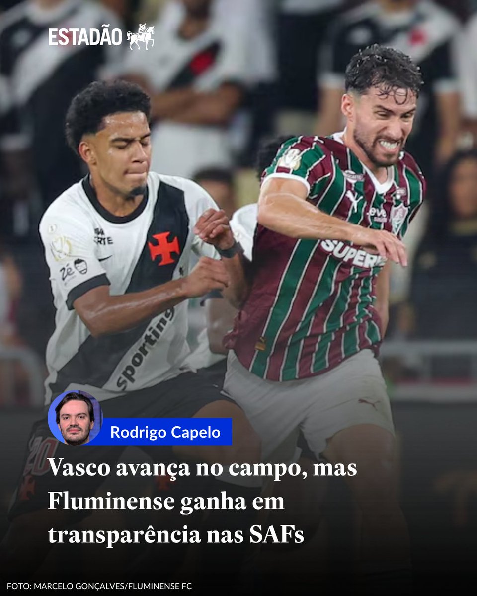 Estadao's tweet photo. OPINIÃO ⚽ Rodrigo Capelo: Vasco avança no campo, mas Fluminense ganha em transparência nas SAFs → https://t.co/oQGSM8FmyZ

Classificado à fase seguinte da Copa do Brasil, clube cruz-maltino opta por sigilo total sobre o novo investidor, enquanto rival tricolor promete rara abertura de contratos (via @EstadaoEsporte)