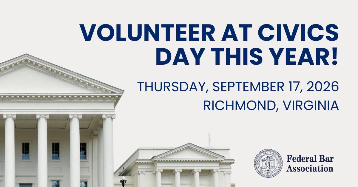 federalbar's tweet photo. Volunteer this year!
Civics day returns on Thursday, September 17, 2026, at the Virginia Museum of History and Culture in Richmond, the day before the FBA Annual Meeting and Convention officially begins.

Teams composed of federal judges and attorney volunteers will provide a once-in-a-lifetime experience for local middle school students attending the Naturalization Ceremony at the Virginia Museum of History and Culture.
Register and help educate and inspire our youth—sign up today: https://t.co/CIveyKepD1