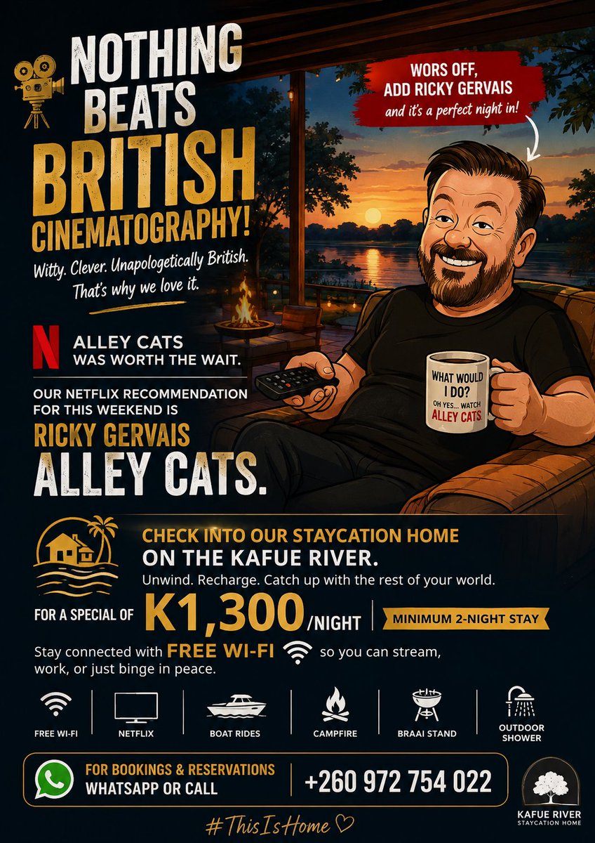 NgChungu's tweet photo. Nothing beats British cinematography.
Witty, clever, and effortlessly entertaining.

If you're looking for something to watch this weekend, Alley Cats is well worth your time. Add a little Ricky Gervais to the mix, and you've got the perfect recipe for a relaxed evening.

Why not make it even better?

Escape to our self-catering staycation home on the banks of the Kafue River for a special rate of K1,300 per night (minimum 2-night stay).

Unwind by the water, enjoy peaceful sunsets, and stay connected with free Wi-Fi so you can stream your favourite shows without missing a beat.

📲 For bookings and reservations, WhatsApp or call +260 972 754 022.

#ThisIsHome