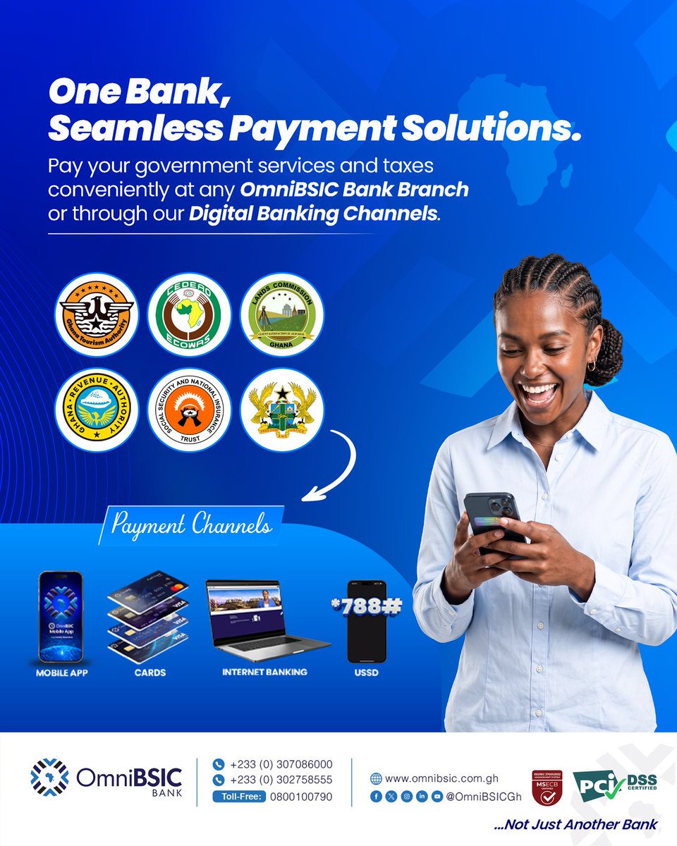 OmniBSICGh's tweet photo. No queues. No stress. Just seamless payments. ✅
Pay your taxes and government services conveniently through OmniBSIC Bank anytime, anywhere.
#OmniBSICBank #NotJustAnotherBank #GRA #Tax #DotGOV #BestBankInGhana https://t.co/Yhkckm3Wqx