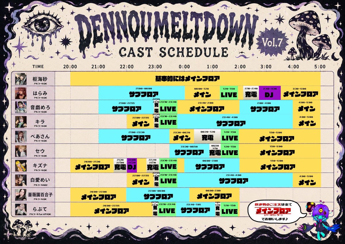 dennoumeltdown's tweet photo. #DENNOUMELTDOWN Vol,7
🌟キャストタイムスケ���ュール表公開🌟

💛❥❥メインフロア（電脳秘密基地）🚬❌20:00-5:00
🩵❥❥サブフロア（旧FAKE）🚬⭕️21:00-4:00
💚❥❥LIVE
🤍❥❥充電😴
💜❥❥DJ

『受付・お会計』は全てメインフロアバーカウンターになります🚨⚡

スイカ割り＆花火はサブフロア️🩵 https://t.co/XsKQLjMbLt