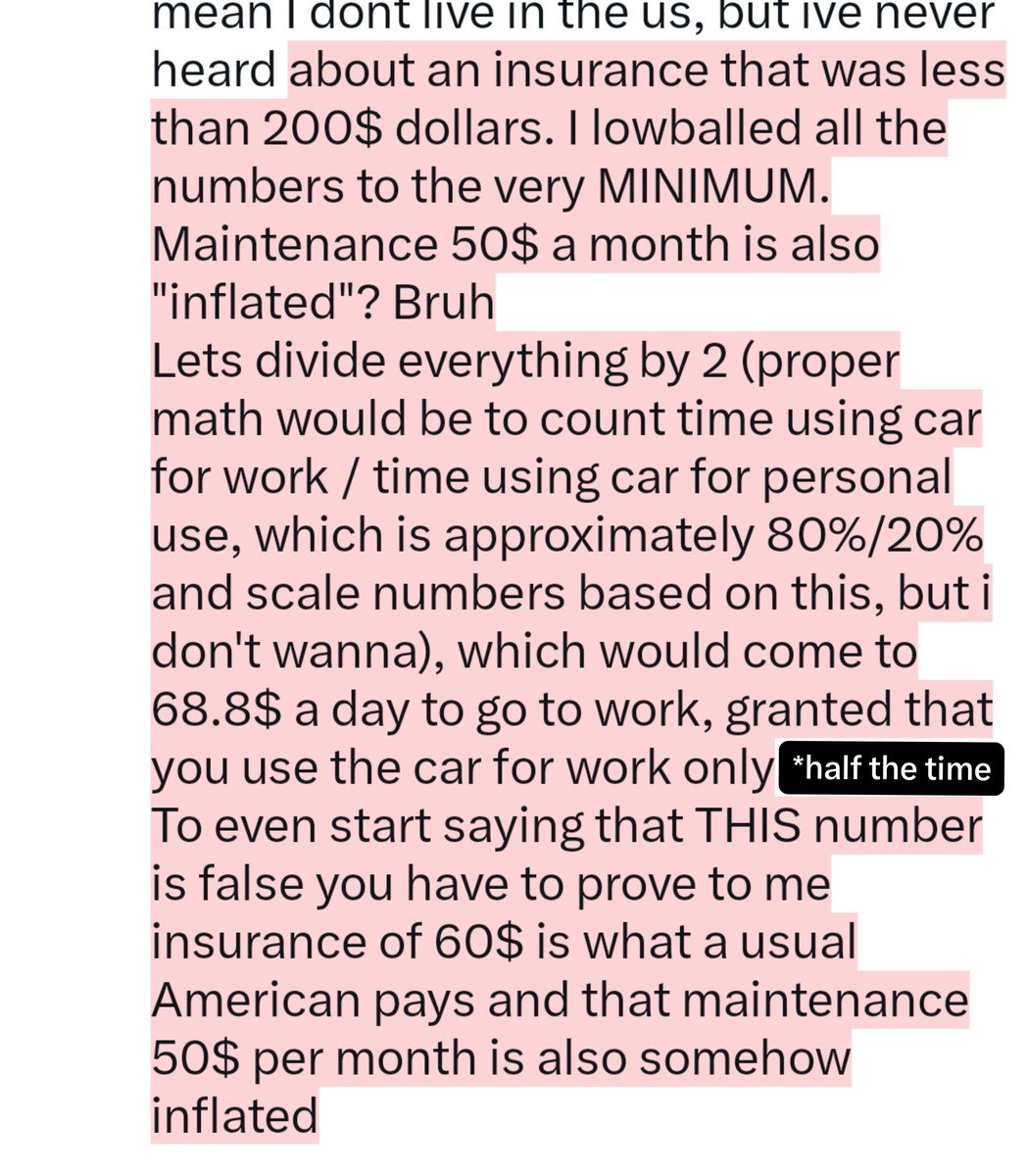 tochillout's tweet photo. @LilTmvp @ElTeeChargers @JamesWill932 @financedystop But you dont use your car as a way to go to work? Obviously? Its your personal spending. When you go to work, having a car becomes part of going to work. 
"Inflated numbers" bro 2$ a day, 60$ a month insurance is a lot for you??? I mean I dont live in the us, but ive never heard https://t.co/s4rj8vkRLN