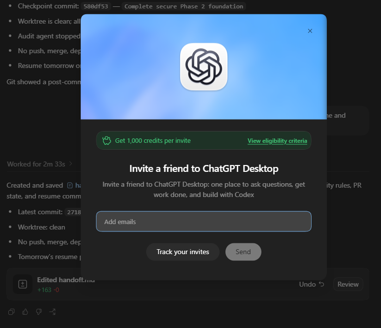 ChatGPT Desktop modal offering 1,000 credits per invite to restore Codex usage