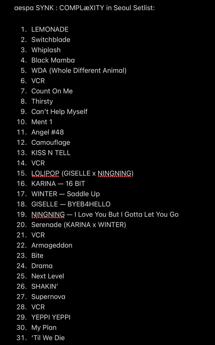 wntrult's tweet photo. The official setlist for “2026-2027 aespa LIVE TOUR - SYNK : COMPLæXITY” in Seoul has been revealed. https://t.co/Q6k5GSfYDy
