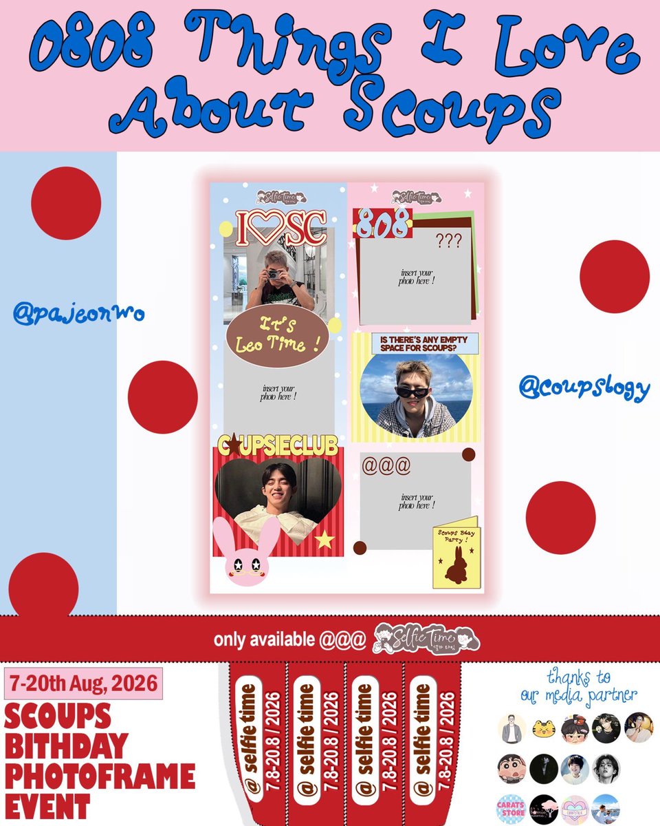 caratstalk's tweet photo. 🎞️ 0808 Things I Love About Scoups 🐇

⢏⢢⣀⡔⡹
#SCOUPS Birthday Photoframe Event by @pajeonwo &amp; @coupslogy 

🖇️ 7 - 20th August, 2026 
@selfietimeid 

Capture a heartful memories with Scoups and cherish them in #0808ThingsILoveAboutScoups https://t.co/ourg2ZuTlF