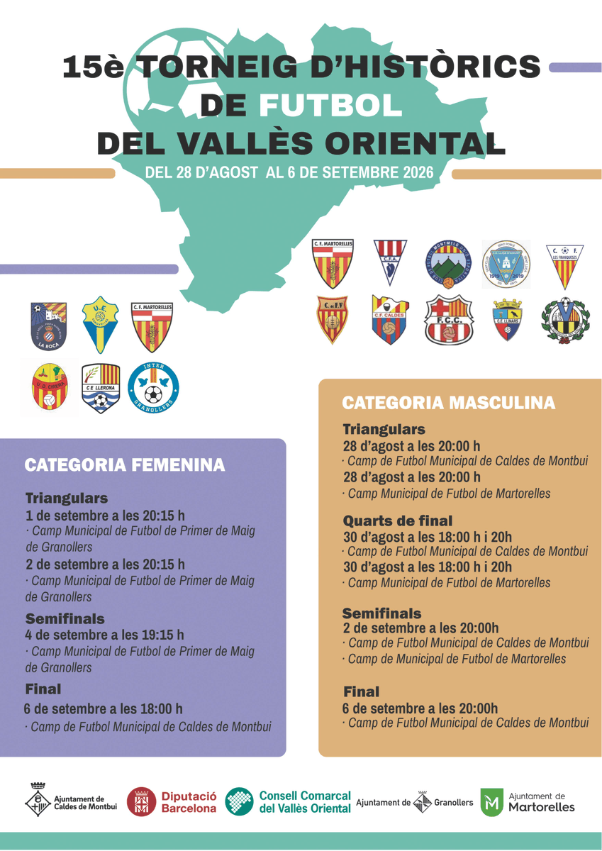 CCV_ORIENTAL's tweet photo. ⚽🏆 El Torneig d’Històrics del Vallès Oriental torna aquest estiu amb la seva 15a edició masculina i la 5a femenina

📅 Del 28 d’agost al 6 de setembre.

📍 Els partits es disputaran a Martorelles, Caldes de Montbui i Granollers

https://t.co/NwZDthZ1pa https://t.co/u9DvoxbpZ9