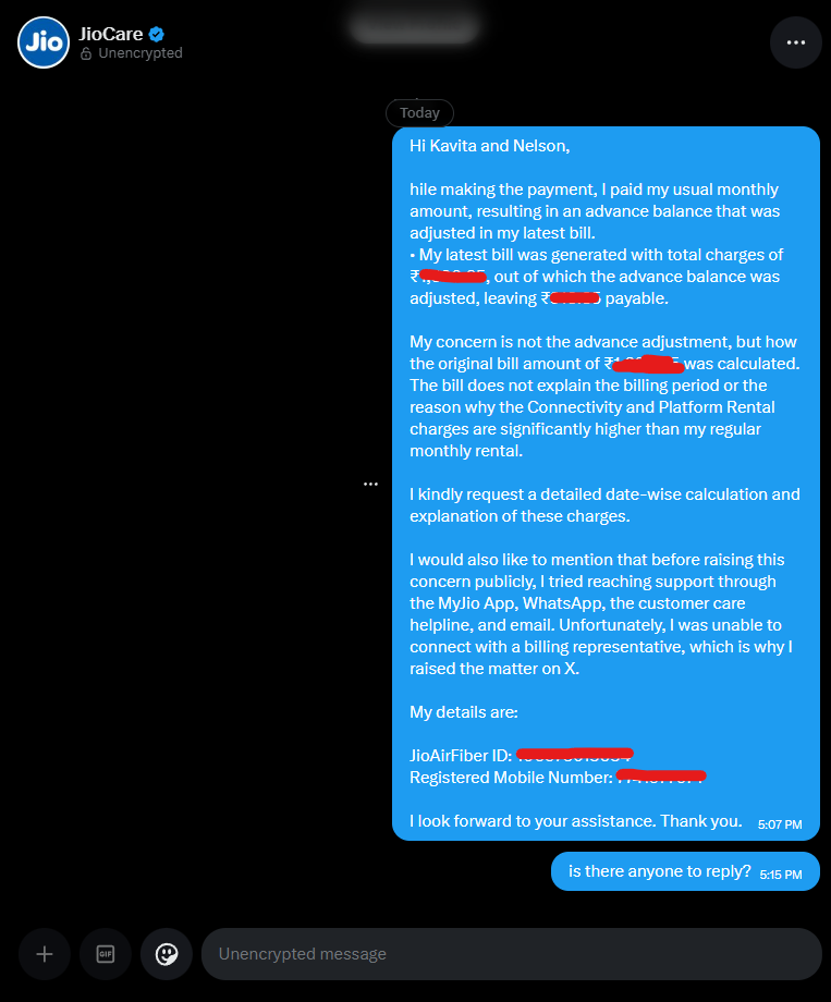 Rohanwankhede05's tweet photo. @JioCare Interesting how you have time to reply in comments, but my DM regarding my billing issue is still unanswered.

A customer shouldn't have to make a public post every time they need support. https://t.co/Za9lWMtauC