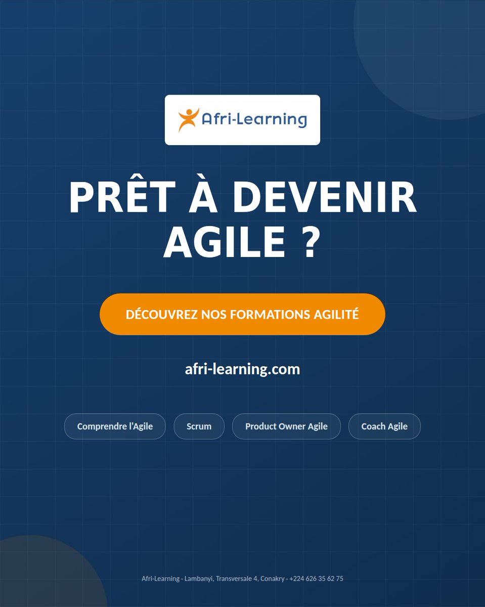 AfriLearning's tweet photo. Dans ce carrousel découvrez nos 4 formations phares en agilité.
De la compréhension des fondamentaux à la maîtrise de Scrum, en passant par le rôle de Product Owner et l’accompagnement des équipes comme Coach Agil https://t.co/HVFoe4U7fA