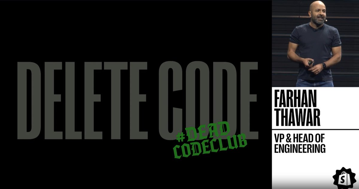 fnthawar's tweet photo. My favourite project at @Shopify Hack Days is the #DeadCodeClub
Last summer we deleted 5m line of code (LOC)
At Summit in July we just deleted 15M LOC 🤯
Everything gets better when you delete unused code — build times, maintainability, deployments, etc
We use a combo of static analysis, observability traces, and human judgement pairing with an LLM to find these
We also have a *gardening* skill in River (our company wide harness) that proactively helps you identify + fix these over time — so you don't have to wait for the next Hack Days 💪🏽