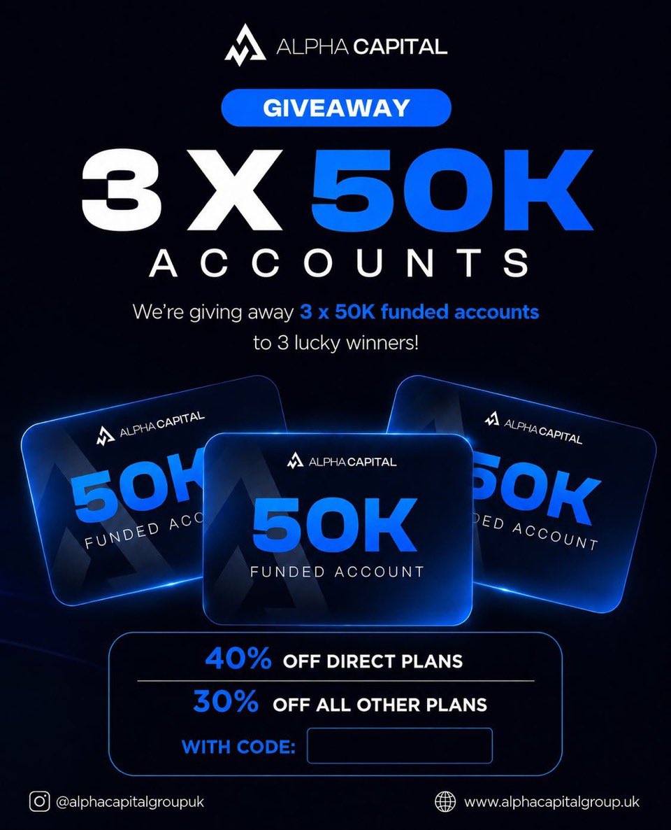 Jirgifx's tweet photo. 🎁 GIVEAWAY 🎁 

To celebrate my partnership with @AlphaCapitalUK ,I am are giving out
 3 x $50K

To Enter:
🔹Follow @AlphaCapitalUK @Jirgifx 
@AGIRAFX 

🔹Like, Repost & Tag 3 traders.

🔹 Engage in the quoted post. 

🔹 Don’t forget to use JirgiFx For 50% OFF

Winners in 72 hours