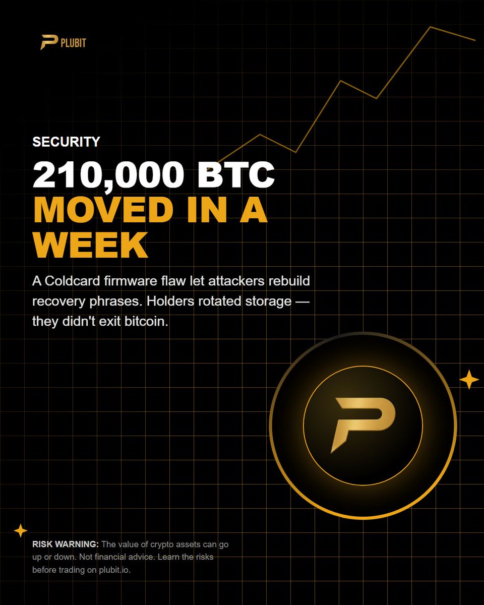 PLUBIT_OFFICIAL's tweet photo. 210,000 BTC left long-term wallets in a week.

not panic selling. a coldcard firmware flaw used weak randomness when generating wallets — attackers could rebuild recovery phrases. thousands of addresses hit, estimated $114M lost. (via CoinDesk)

btc didn't make new lows. holders rotated storage, they didn't exit.

seed generated on affected firmware? a firmware update won't save it. new wallet, move the funds.