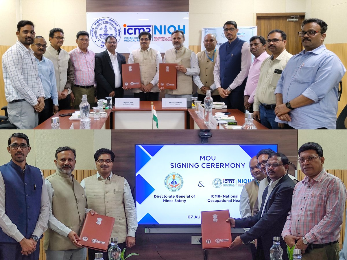 icmrnioh's tweet photo. 🤝 Partnering for Mine Safety! ICMR-NIOHR signed an MoU with @dgmsofindia (Min of Labour & Employment, GoI). 🇮🇳
Together, we'll drive joint research, health risk assessments & evidence-based policies to protect India's mine workers. 🏗️⛏️
#ICMR #DGMS #MineSafety #research https://t.co/JRGOPJaZQs