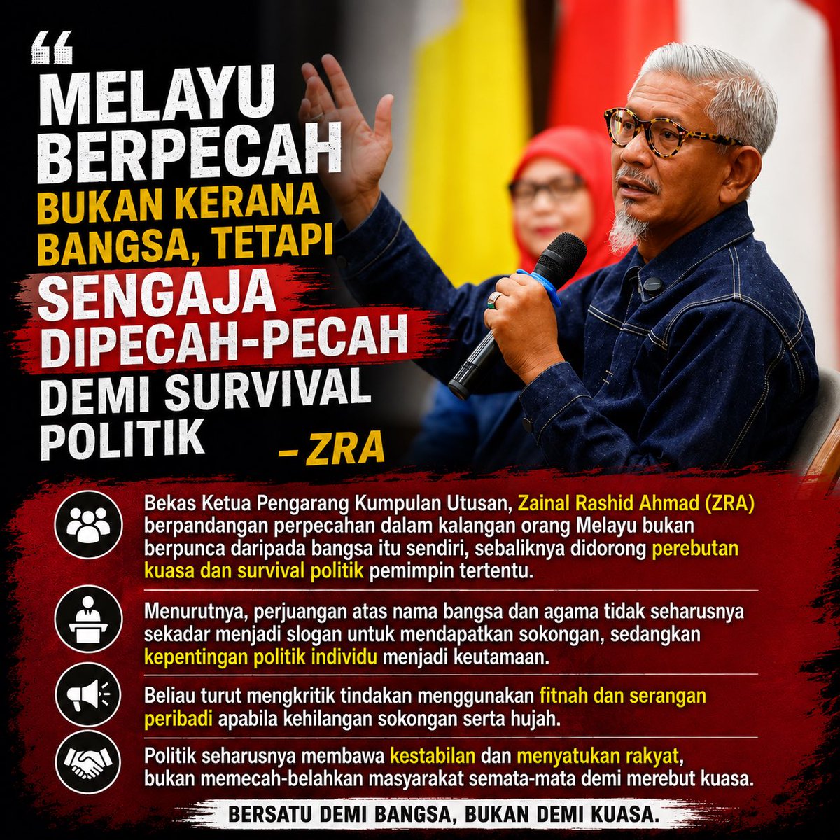 jaejae0512's tweet photo. “Melayu berpecah bukan kerana bangsa, tetapi kerana politik yang mengutamakan kuasa.” – ZRA

Politik seharusnya menyatukan rakyat, bukan memecah-belahkan masyarakat demi survival politik. #ZRA #Perpaduan #PolitikMalaysia https://t.co/jkq3bIqKHU