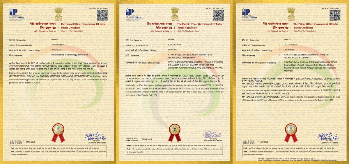 Chans2k2's tweet photo. Glad to share that 8 patents granted, including 1 in China & 1 in the UK to our #CARBONLab @chem_iith.
This is a testament to the power of research, innovation & teamwork. Onward to creating technologies with global impact.
#Innovation #Patents #Research @che_iith @IITHyderabad https://t.co/BScx3RrrAq