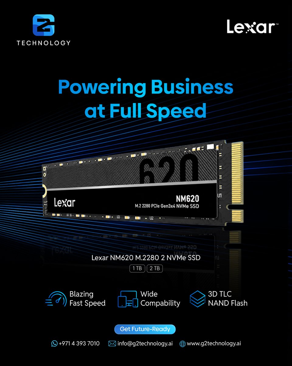 g2_technology's tweet photo. Explore our high-performance lineup of Lexar storage solutions and memory upgrades, engineered for ultimate speed, reliability, and maximum efficiency.

Visit: https://t.co/SnW6LOMs0O
WhatsApp: +971 50 141 9300

#LexarSSD #G2Technology #TechUpgrades #NVMeSSD #DDR5Memory https://t.co/bl1zEboOxr