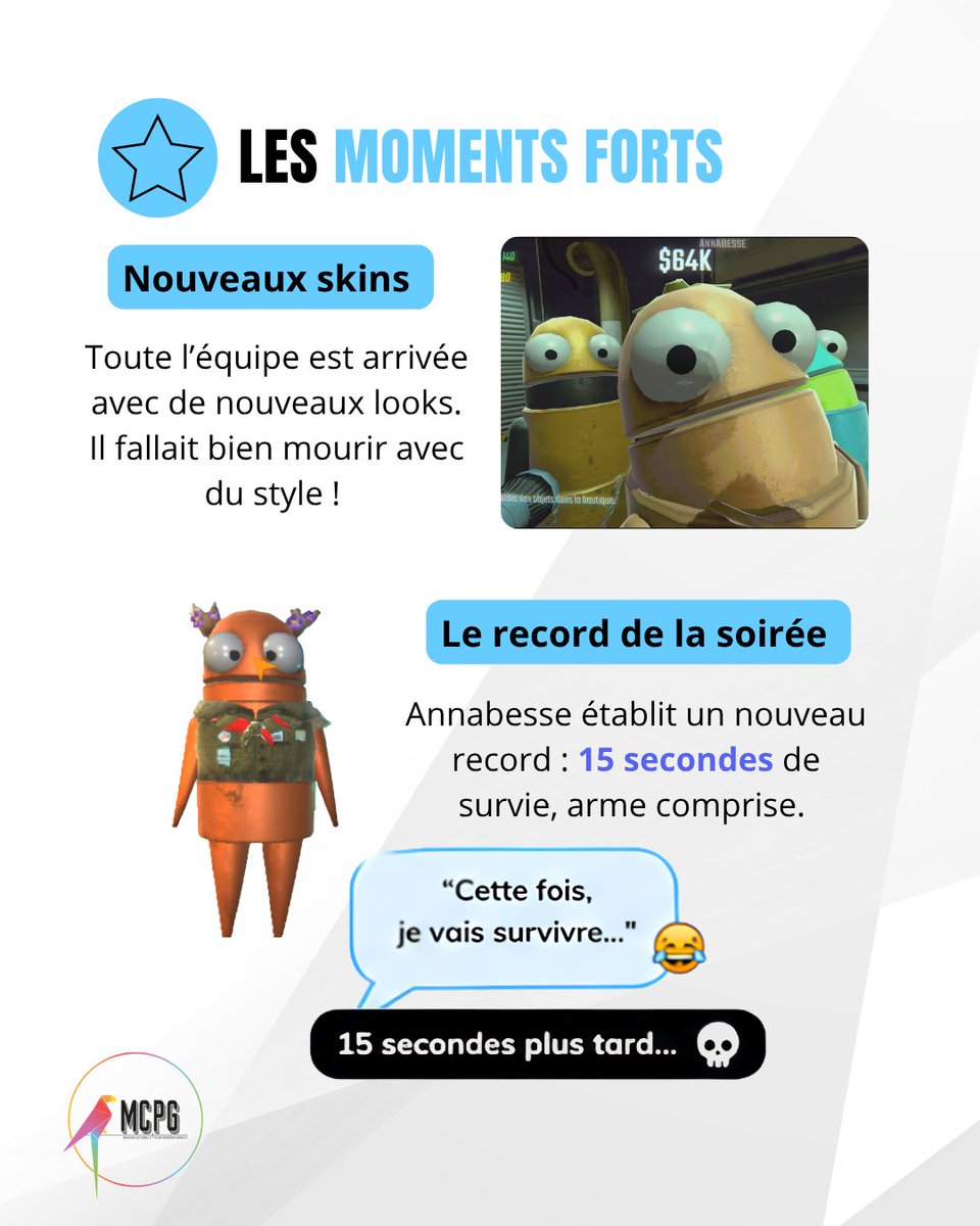 MCPGfr's tweet photo. 🤖 Retour sur notre soirée R.E.P.O. !

👕 Nouveaux skins
 💀 Record d'Annabesse : 15 secondes de survie (même avec une arme 😅)

 📸 Et un sacrifice héroïque pour la dernière photo !

#AssociationMCPG #REPO #Gaming #RetourAnimation https://t.co/Z9z39uA3KF