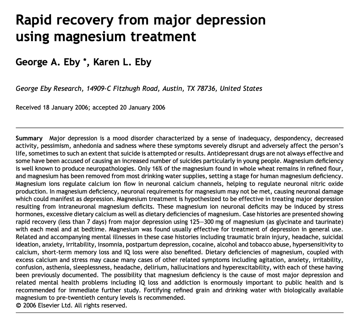 Outdoctrination's tweet photo. Magnesium rapidly reverses depression - case series.

Multiple people who had chronic depression recovered within 7 days.

125-300 mg of magnesium (as glycinate or taurate) has broad spectrum benefits to mental health, benefitting:

• Brain injury
• Headache
• Suicidal ideation
• Anxiety
• Irritability
• Insomnia
• Postpartum depression
• Drug abuse
• Short-term memory loss
• IQ loss

Magnesium stores become depleted with chronic stress, a major hallmark of depression.

It acts as a calming factor in brain cells, preventing excess excitation, energy failure and cell death common in these conditions by antagonizing the effects of calcium.