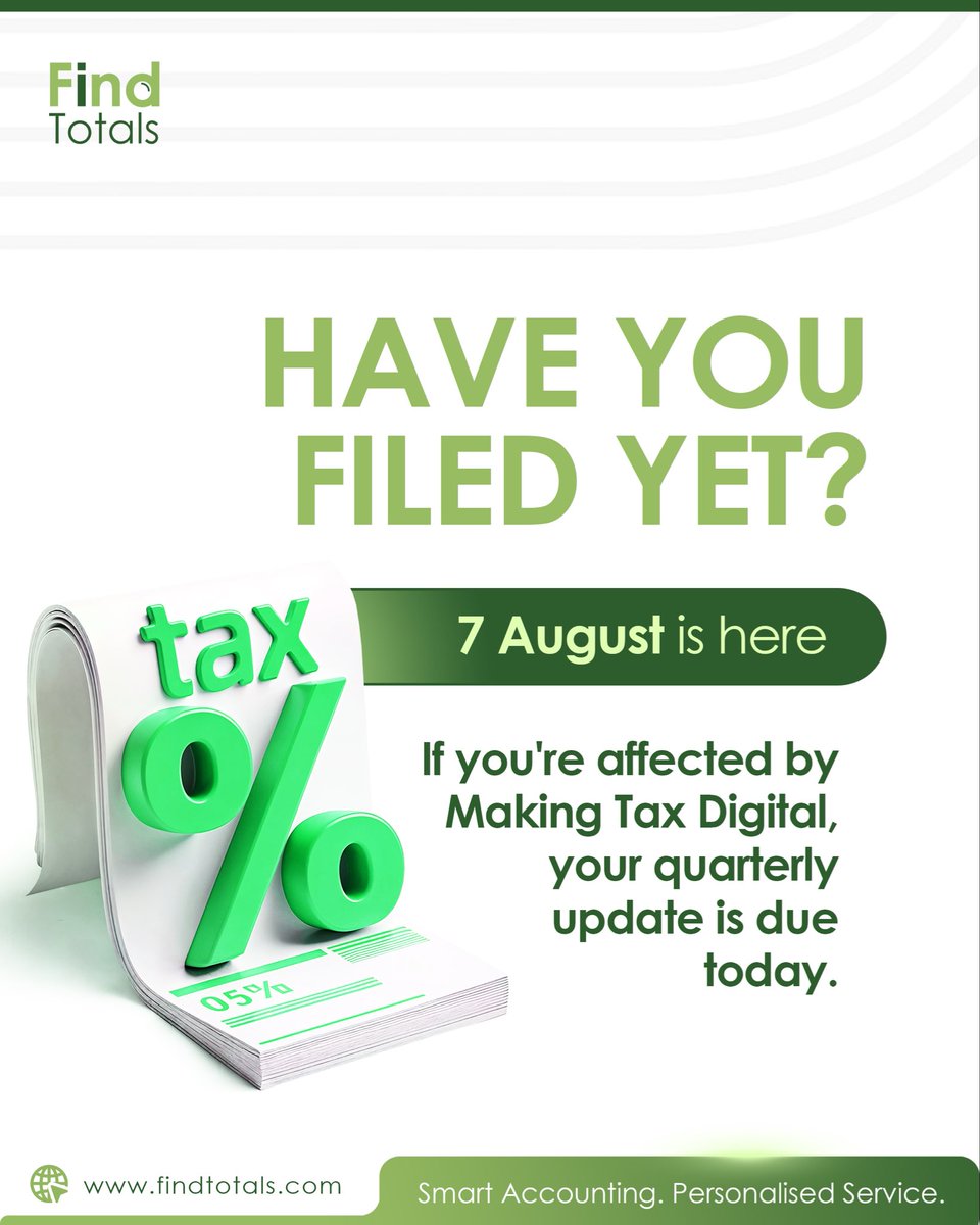 FindTotalsLtd's tweet photo. Today's your reminder.

If you're affected by #MakingTaxDigital, your quarterly update is due today.

Hopefully you've already hit "Submit."

#HMRC #SmallBusinessUK https://t.co/70G4pfPMZY