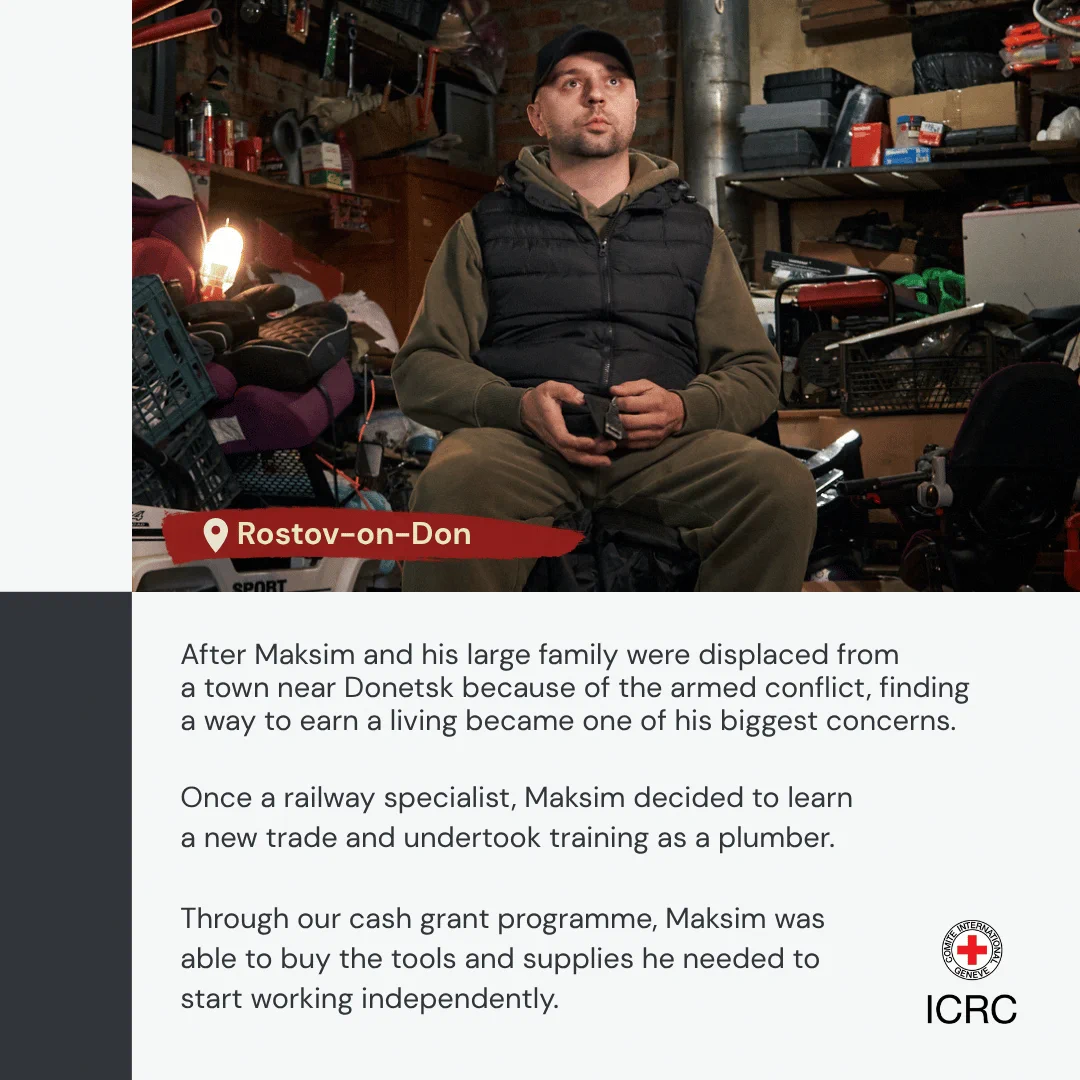After Maksim and his large family were displaced from a town near Donetsk because of the armed conflict, finding a way to earn a living became one of his biggest concerns.  Once a railway specialist, Maksim decided to learn a new trade and undertook training as a plumber.  Through our cash grant programme, Maksim was able to buy the tools and supplies he needed to start working independently.