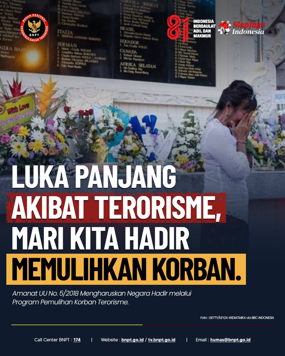 BNPTRI's tweet photo. #Sobat, terorisme tidak hanya merusak, tetapi meninggalkan luka. Karena itu, negara hadir dampingi korban melalui bantuan medis, rehabilitasi psikososial & psikologis, santunan,hingga kompensasi. Bersama, kita pulihkan, kuatkan & tunjukkan bahwa terorisme tak mematahkan persatuan https://t.co/cffzRCuWeo