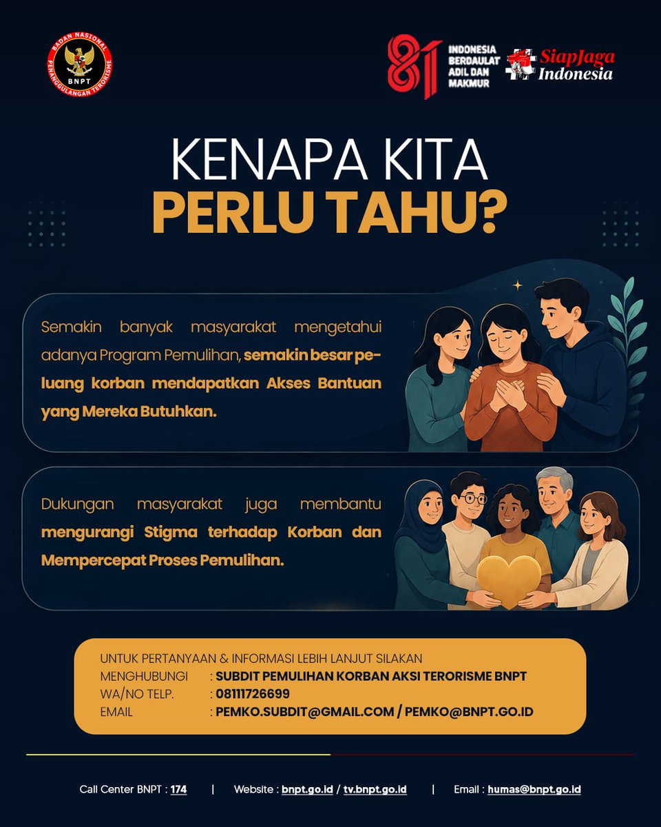 BNPTRI's tweet photo. #Sobat, terorisme tidak hanya merusak, tetapi meninggalkan luka. Karena itu, negara hadir dampingi korban melalui bantuan medis, rehabilitasi psikososial & psikologis, santunan,hingga kompensasi. Bersama, kita pulihkan, kuatkan & tunjukkan bahwa terorisme tak mematahkan persatuan https://t.co/cffzRCuWeo