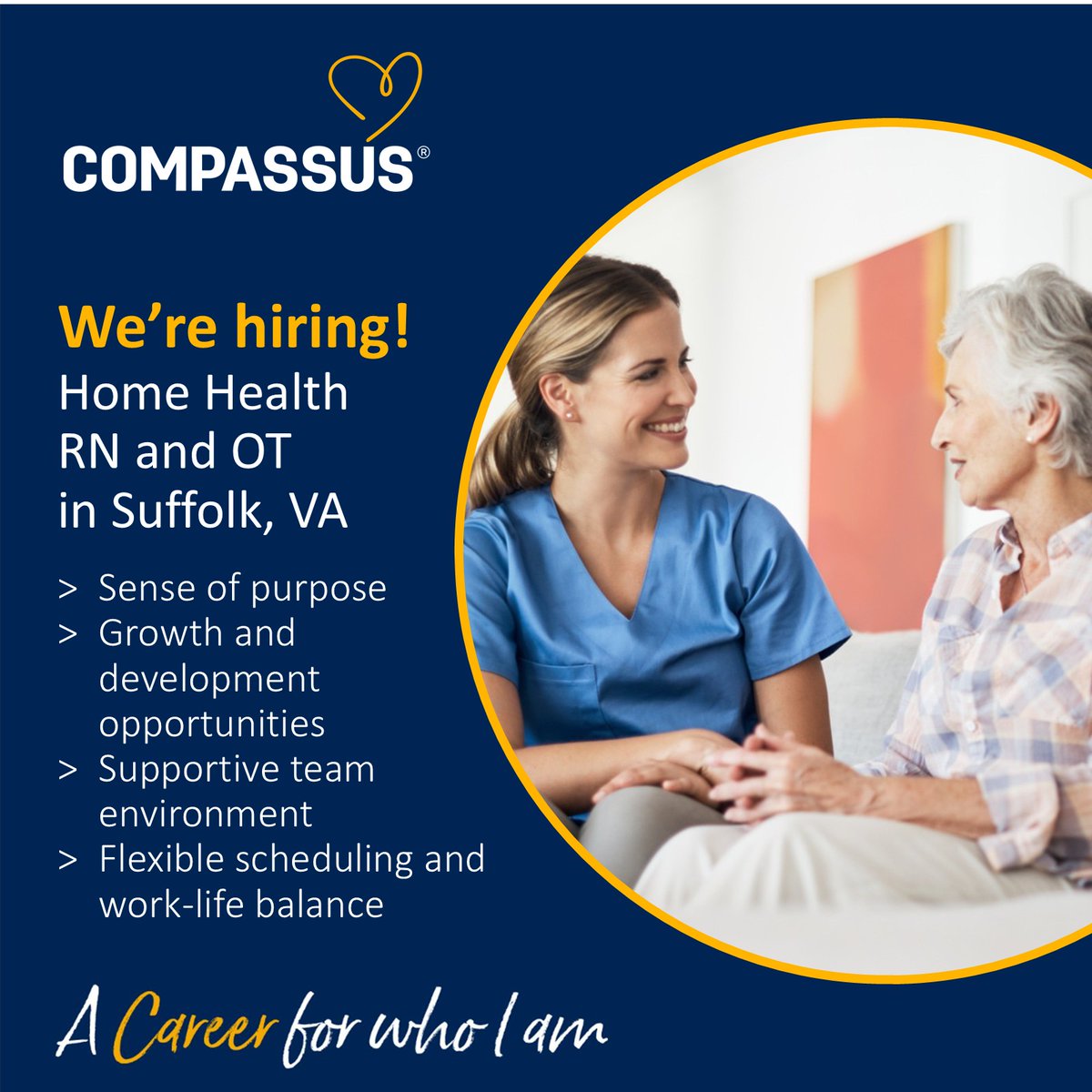 compassus's tweet photo. Join our home health team at Bon Secours Home Care by Compassus! We’re hiring for positions in Suffolk, VA, including:

RN: https://t.co/CNFappPbQZ 
OT: https://t.co/HsbdY6Ezeu

Together, we can make a real impact. Appy today and take the next step in your professional journey! https://t.co/SUIss9WSRx