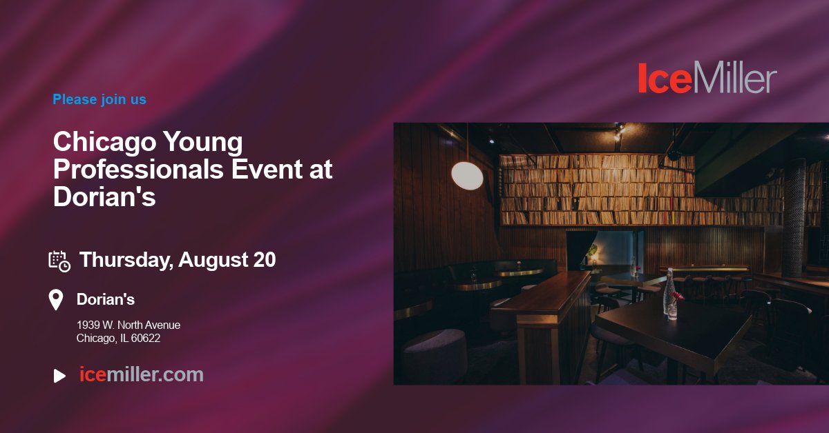 IceMillerLLP's tweet photo. Join us on August 20 at Dorian’s for a night of networking with Chicago’s next generation of leaders. Attendees will enjoy a performance by Ryan Gac of Nasty Snacks while expanding their networks in one of the city’s most unique venues. Register now: https://t.co/xTrGD53MdN https://t.co/kPI89XM4QM